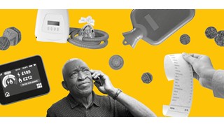 Collage of photographs featuring coins, a thermostat, energy bills and a man on the phone.