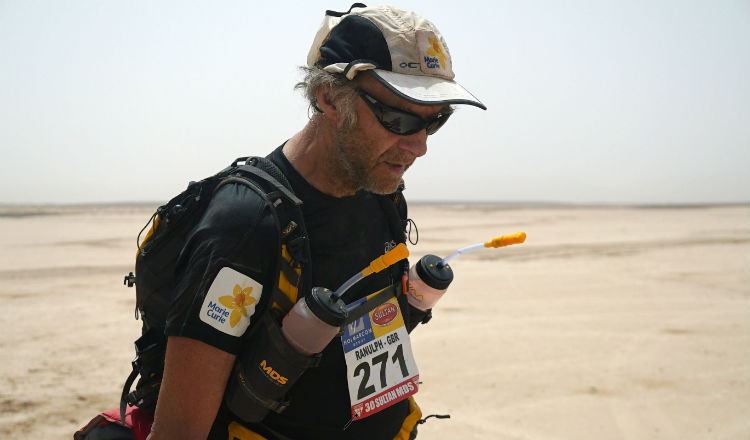 Sir Ranulph Fiennes crossing the desert in the Marathon des Sables