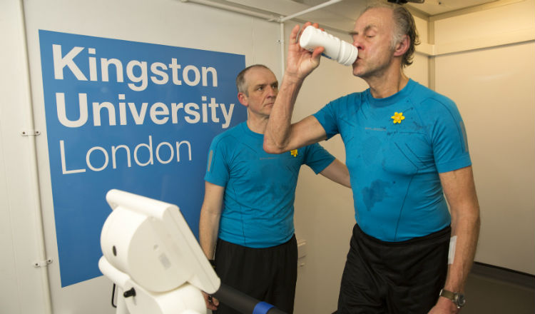 Ranulph Fiennes taking on essential fluids during the heat test