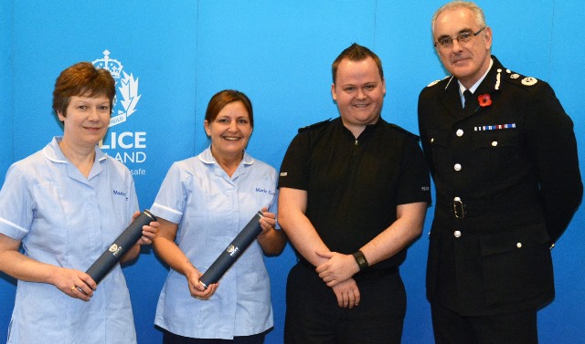 Angela Morris, Beverley Masson, PC Ewan Simpson, Chief Constable Phil Gormley QPM